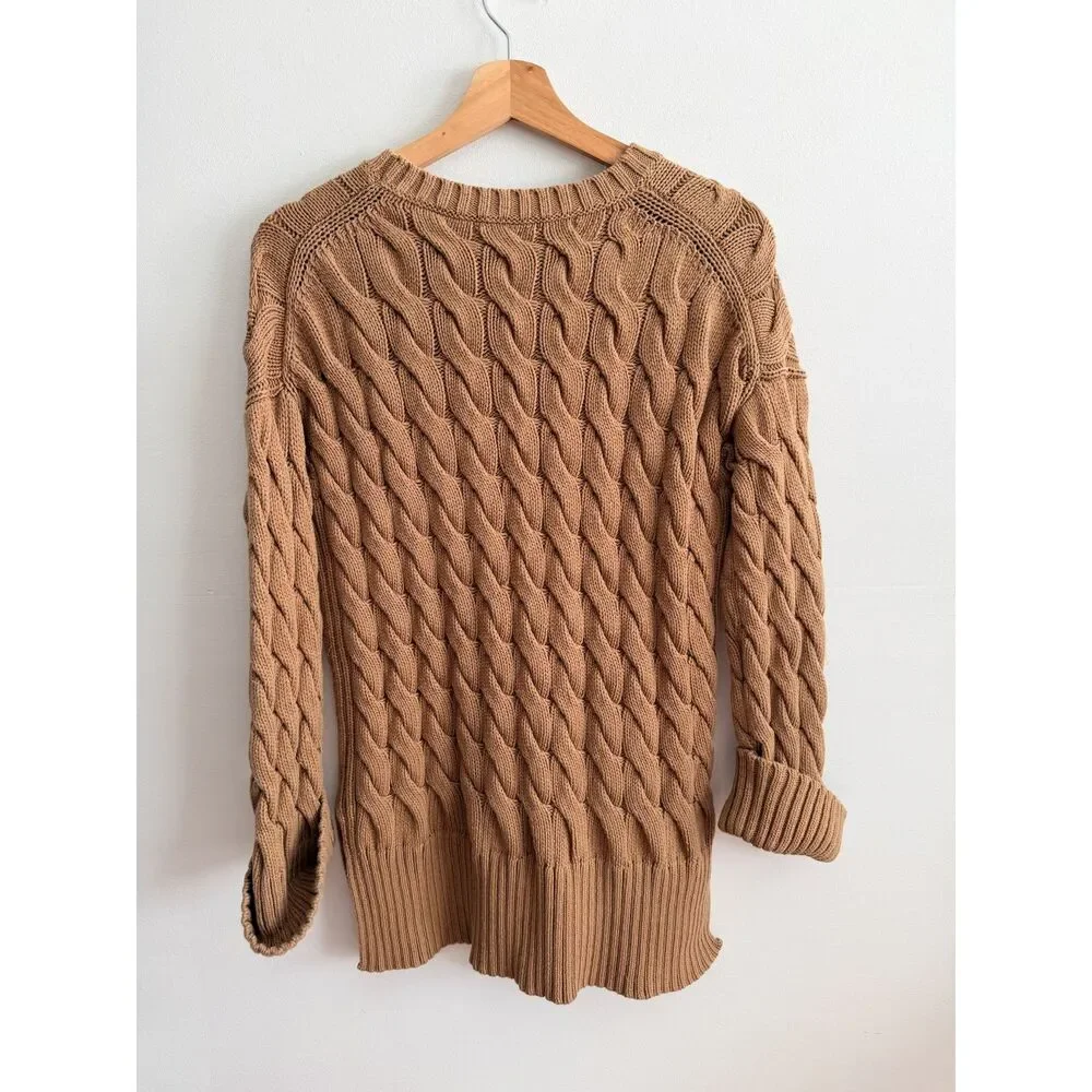 J.Crew Re-Imagined Cable Knit Sweater S-M Camel Brown Side Slit Cotton Blend